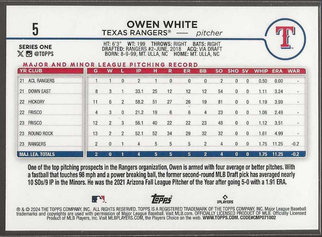 2024 Topps #5 Owen White - ChronicCards