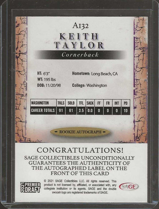 2021 SAGE Premier Draft #A132 Keith Taylor Autographs Black - ChronicCards