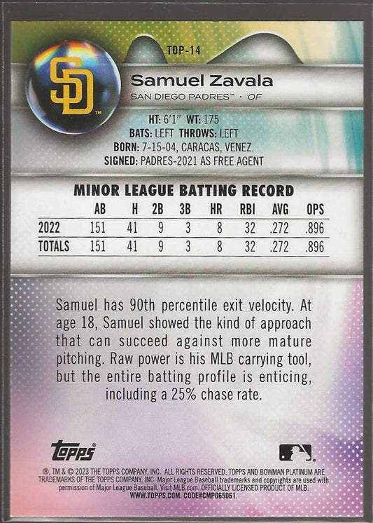 2023 Bowman Platinum #TOP - 14 Samuel Zavala Top Prospects - ChronicCards