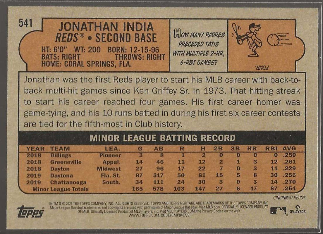 2021 Topps Heritage #541 Jonathan India - ChronicCards