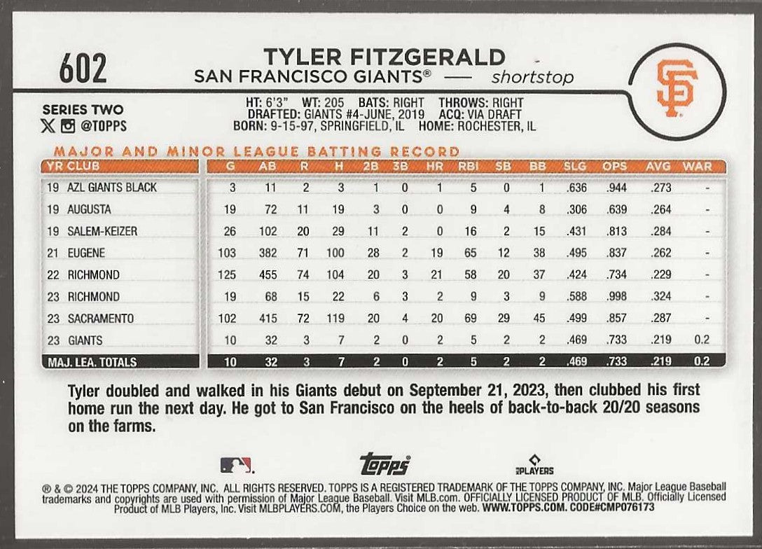 2024 Topps #602 Tyler Fitzgerald - ChronicCards