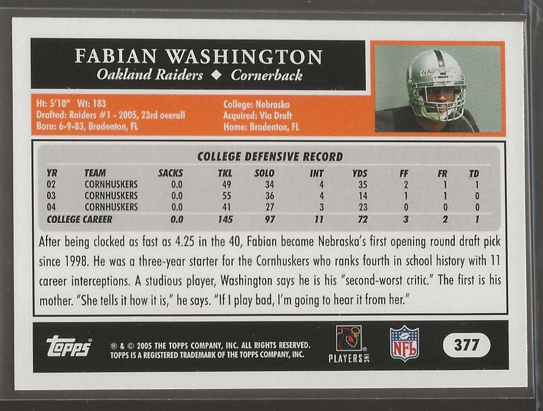 2005 Topps #377 Fabian Washington - ChronicCards