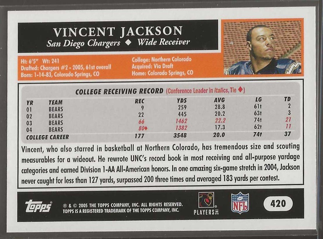 2005 Topps #420 Vincent Jackson - ChronicCards