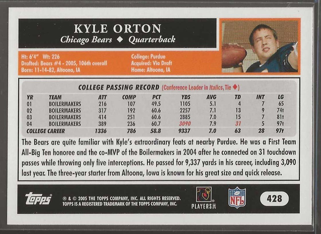 2005 Topps #428 Kyle Orton - ChronicCards