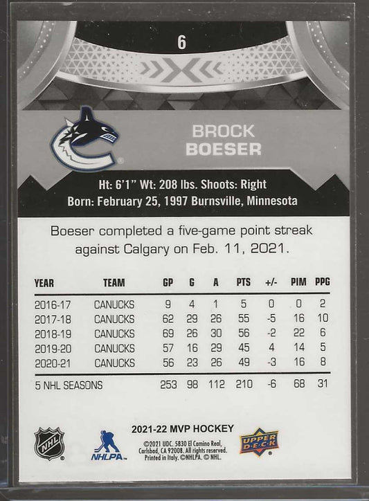 2021 - 22 Upper Deck MVP #6 Brock Boeser Silver Script - ChronicCards