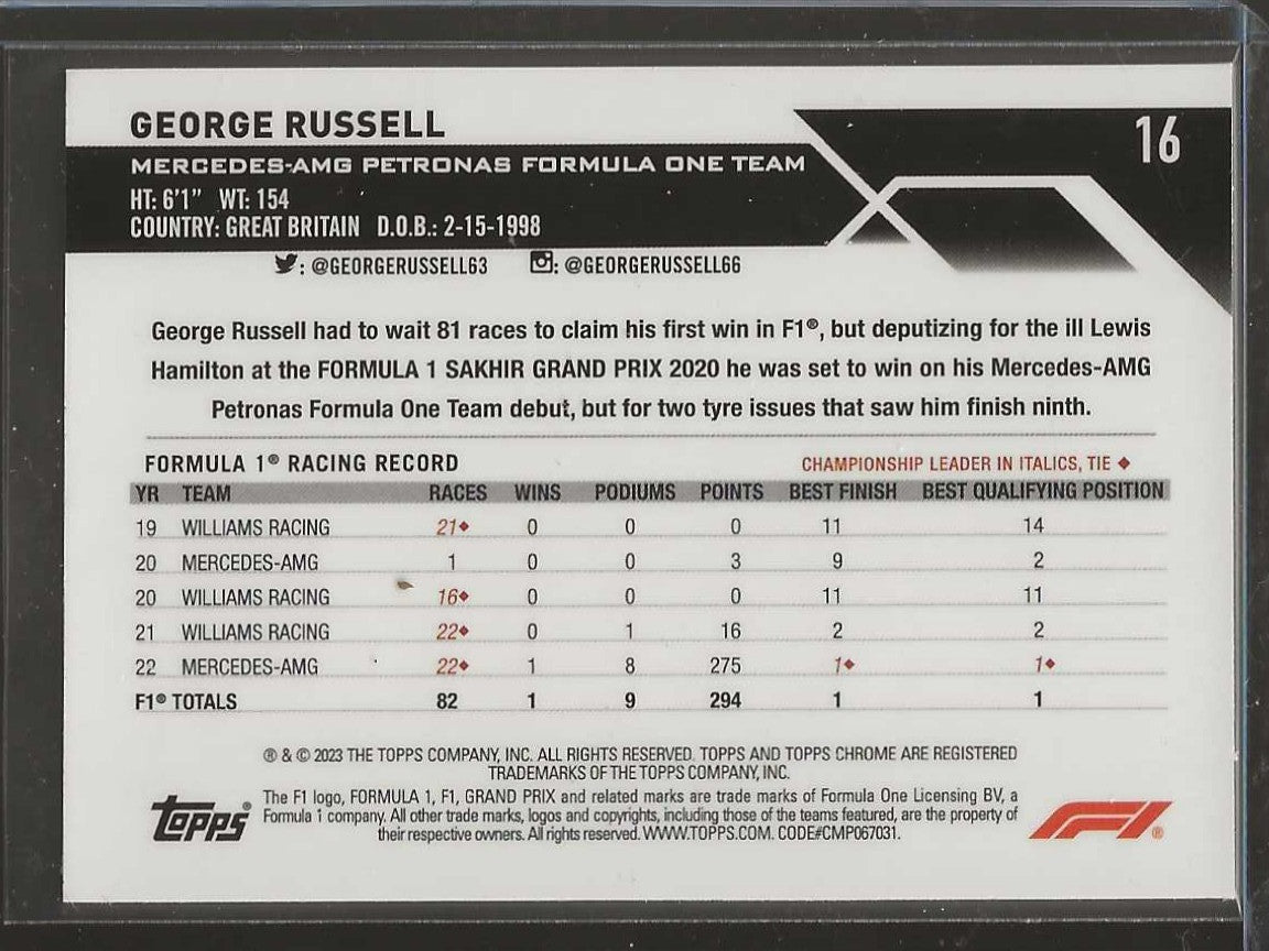 2023 Topps Chrome Formula 1 #16 George Russell Fuchsia Lava Refractor #/250 - ChronicCards