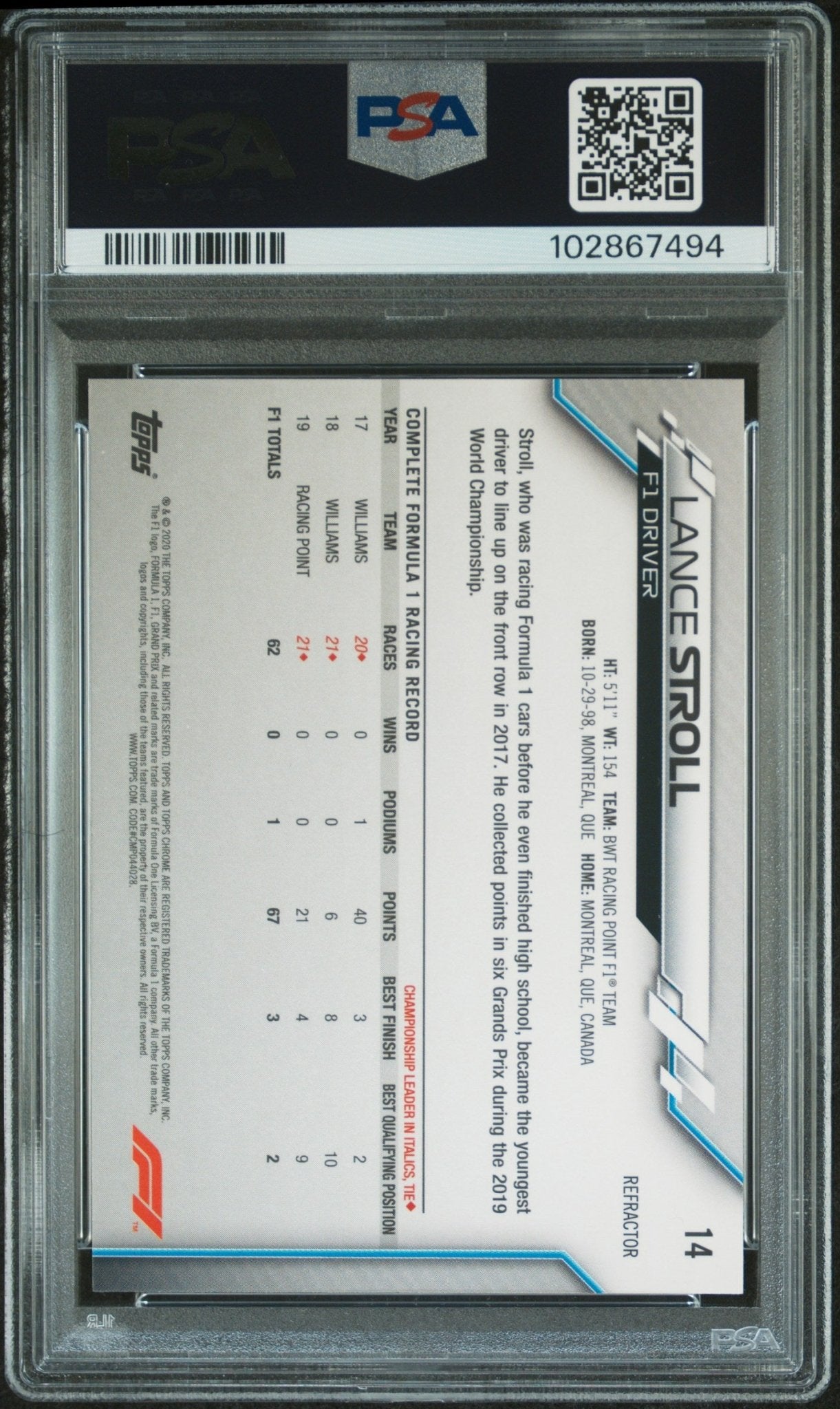 2020 Topps Chrome Formula 1 #14 Lance Stroll Refractor PSA 7 - ChronicCards