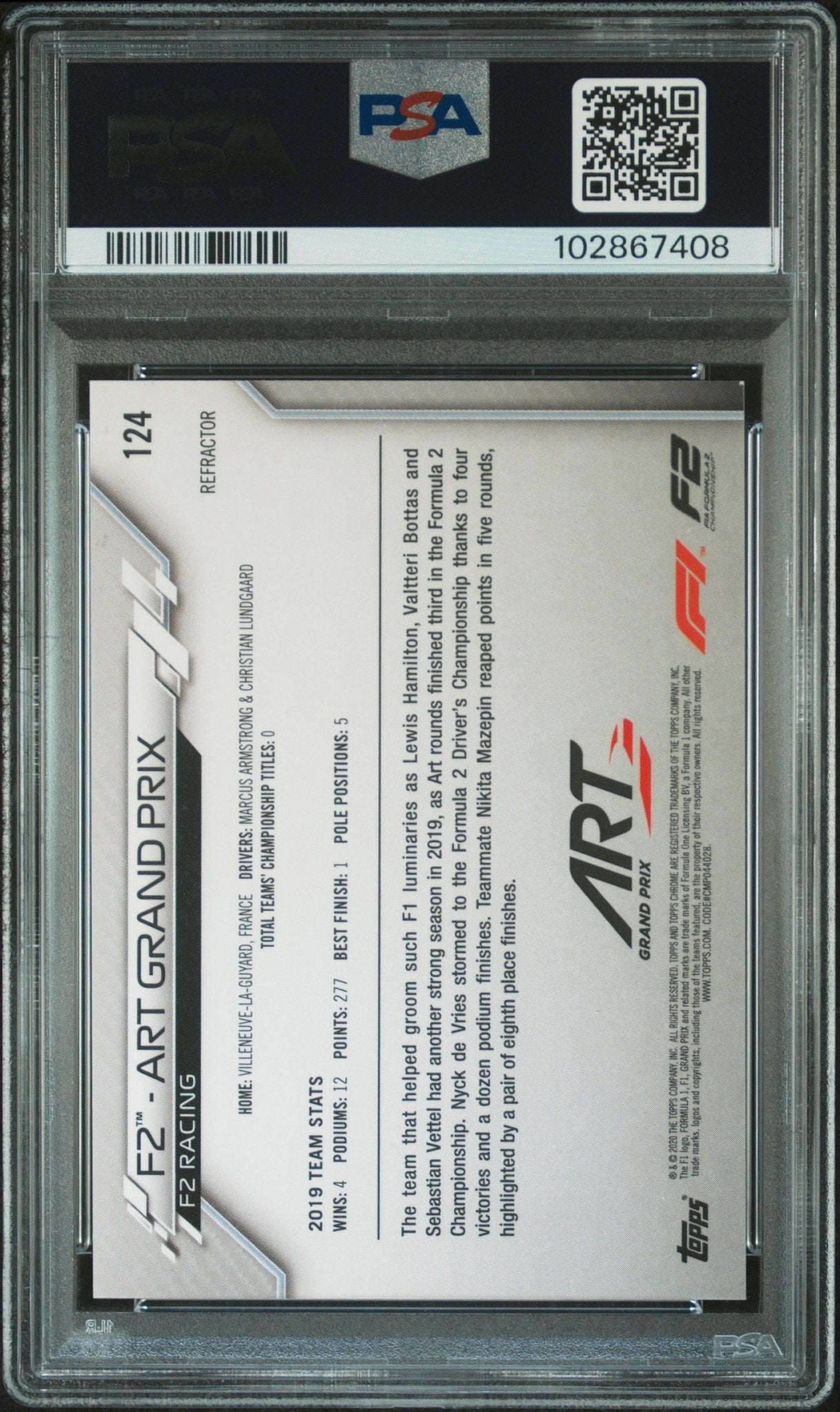 2020 Topps Chrome Formula 1 #124 Art Grand Prix Refractor PSA 9 - ChronicCards