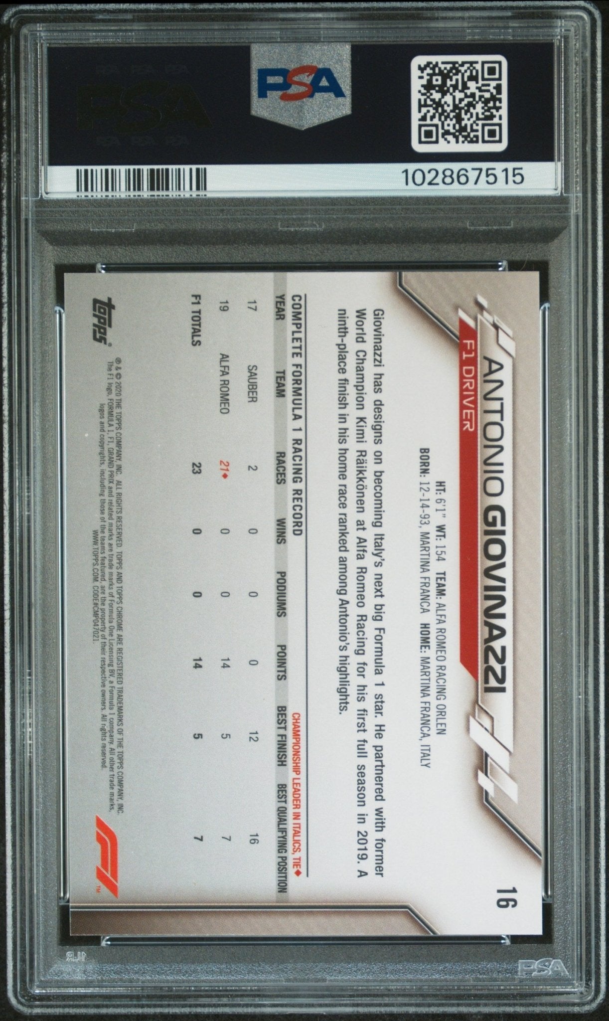 2020 Topps Chrome Formula 1 Sapphire Edition #16 Antonio Giovinazzi PSA 9 - ChronicCards