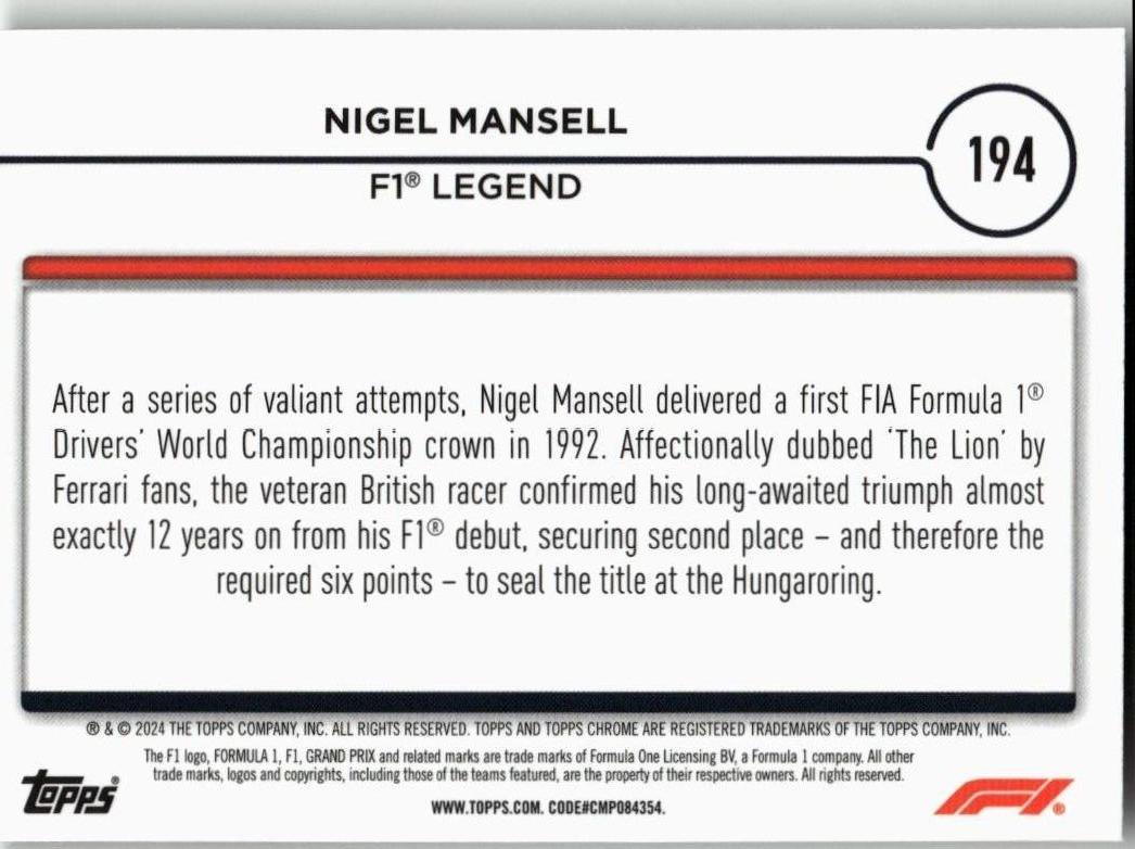 2024 Topps Chrome Formula 1 #194 Nigel Mansell - ChronicCards