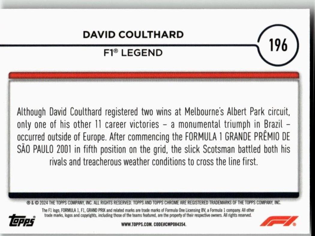 2024 Topps Chrome Formula 1 #196 David Coulthard - ChronicCards