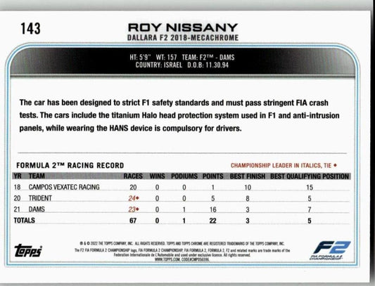 2022 Topps Chrome Formula 1 #143 Roy Nissany - ChronicCards