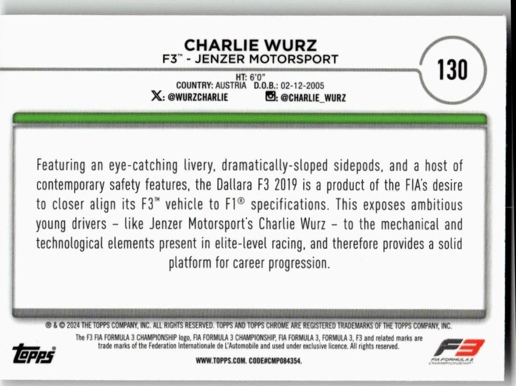 2024 Topps Chrome Formula 1 #130 Charlie Wurz - ChronicCards