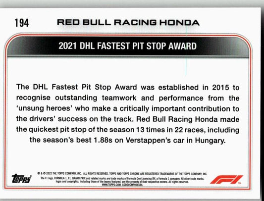 2022 Topps Chrome Formula 1 #194 2021 DHL Fastest Pit Stop Award - ChronicCards