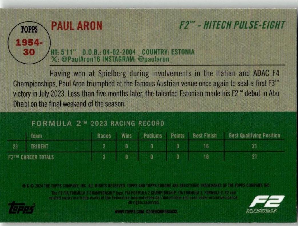 2024 Topps Chrome Formula 1 #1954 - 30 Paul Aron 1954 Topps - ChronicCards