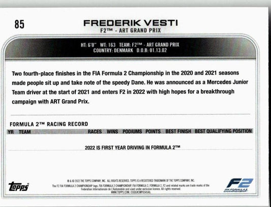 2022 Topps Formula 1 #85 Frederik Vesti - ChronicCards