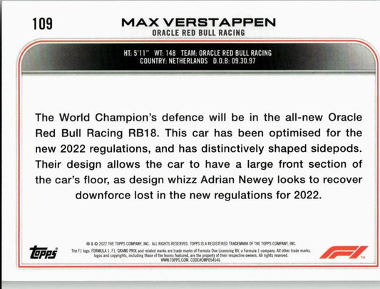 2022 Topps Formula 1 #109 Max Verstappen - ChronicCards