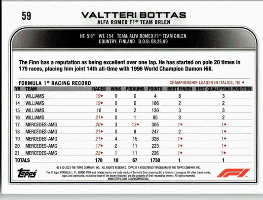 2022 Topps Formula 1 #59 Valtteri Bottas Checker Flag - ChronicCards