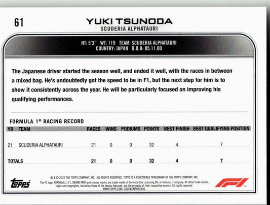 2022 Topps Formula 1 #61 Yuki Tsunoda - ChronicCards