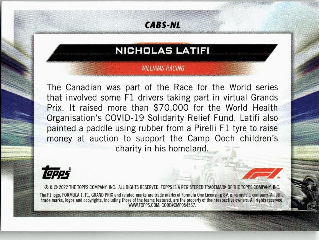 2022 Topps Formula 1 #CABS - NL Nicholas Latifi Clean Air, Blue Skies - ChronicCards