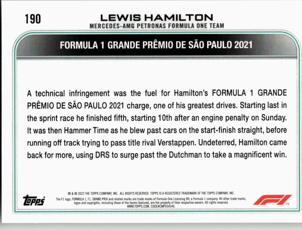 2022 Topps Formula 1 #190 Lewis Hamilton - ChronicCards