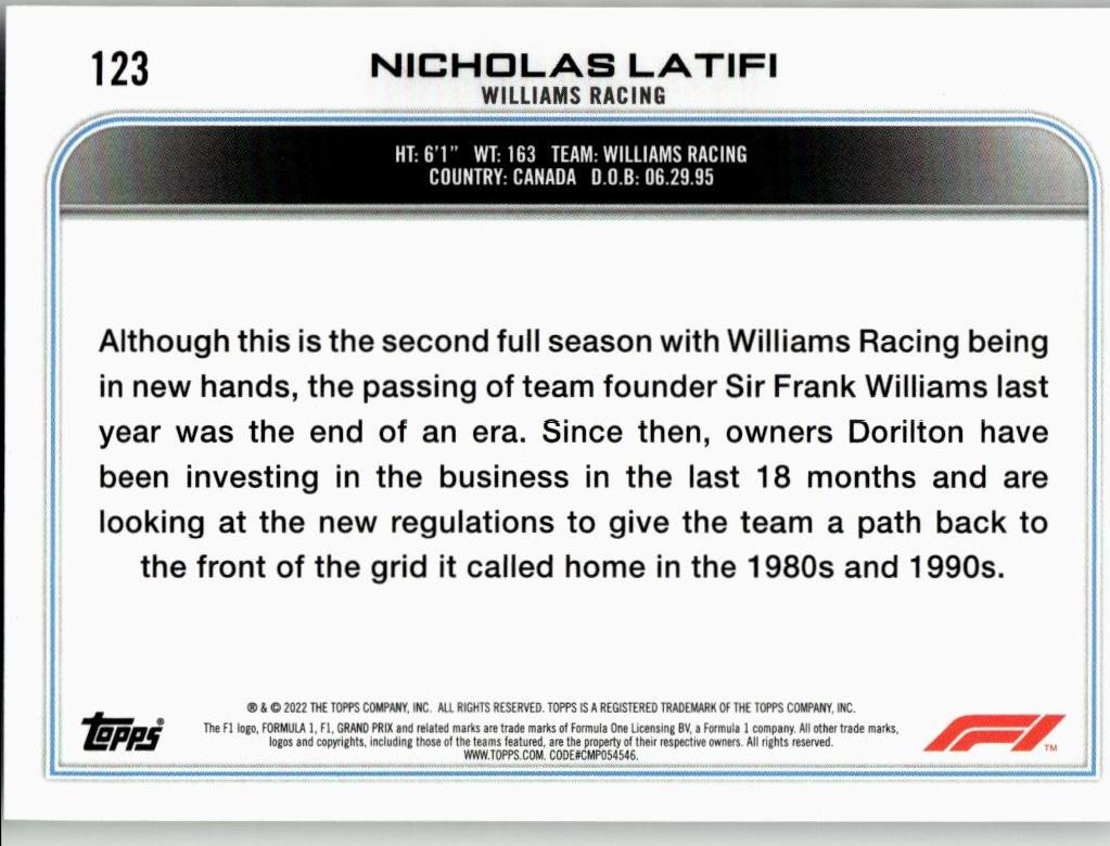 2022 Topps Formula 1 #123 Nicholas Latifi Checker Flag - ChronicCards
