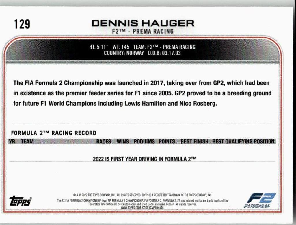 2022 Topps Formula 1 #129 Dennis Hauger - ChronicCards