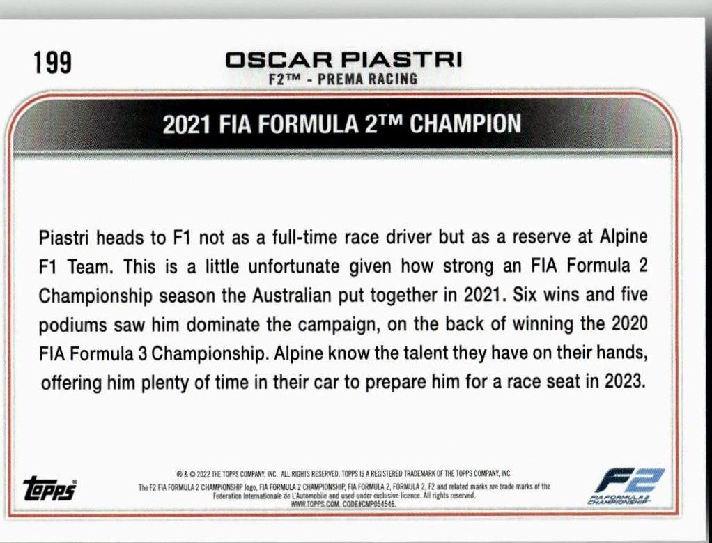 2022 Topps Formula 1 #199 Oscar Piastri - ChronicCards