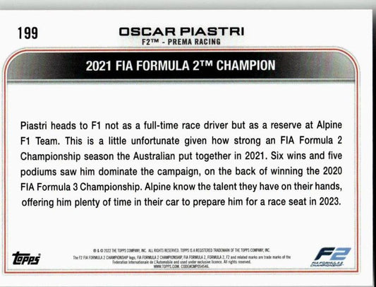 2022 Topps Formula 1 #199 Oscar Piastri - ChronicCards