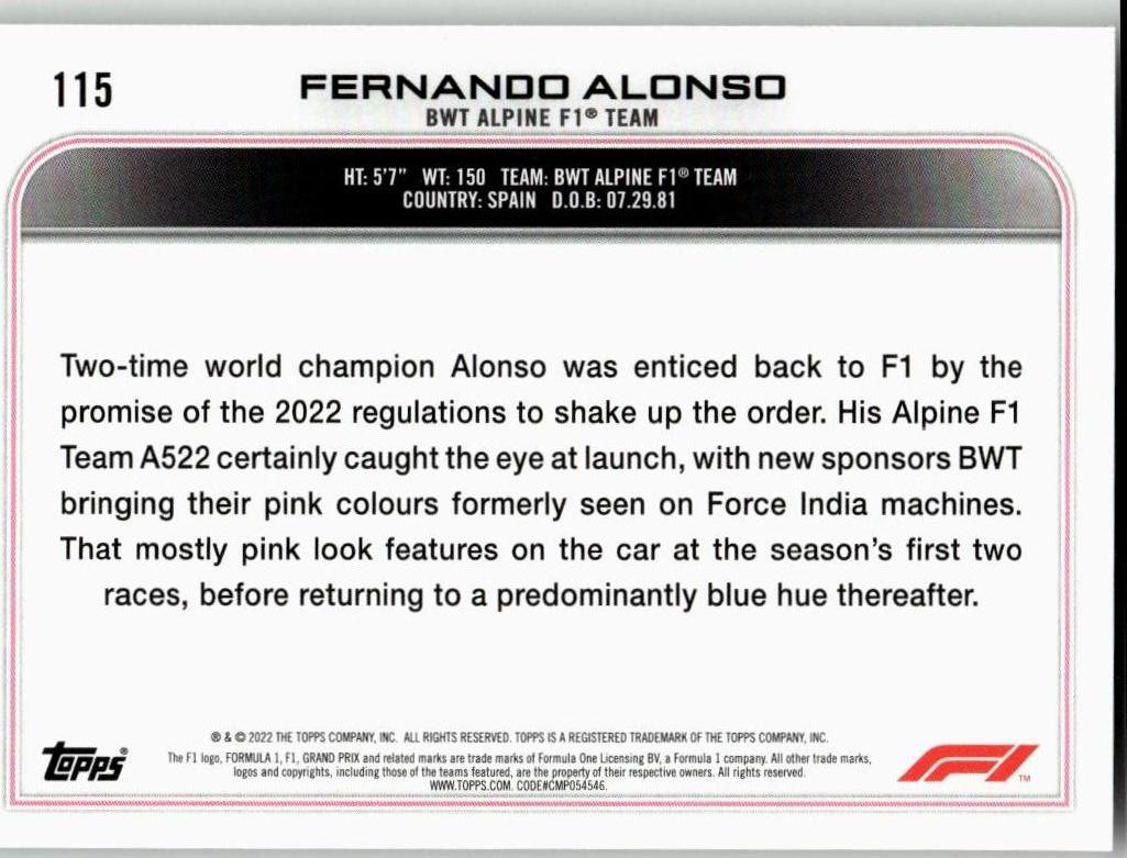 2022 Topps Formula 1 #115 Fernando Alonso - ChronicCards