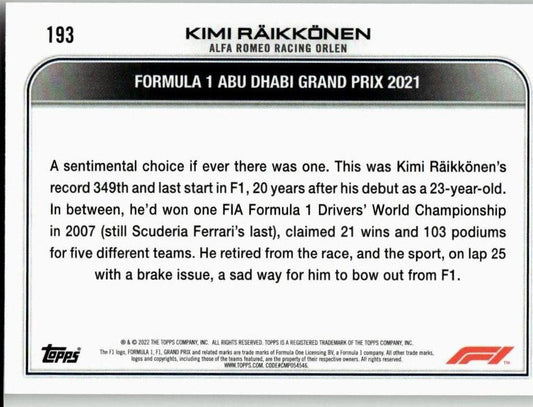 2022 Topps Formula 1 #193 Kimi Räikkönen - ChronicCards