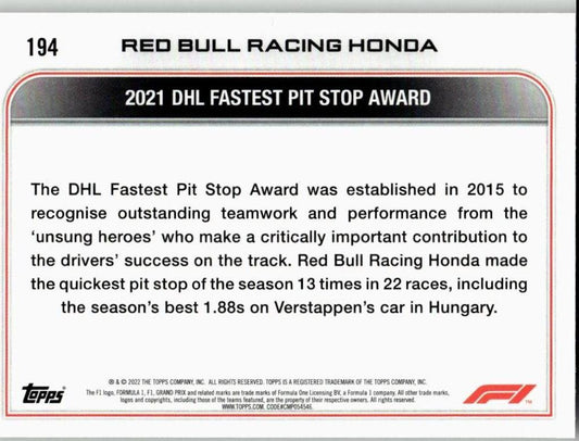 2022 Topps Formula 1 #194 2021 DHL Fastest Pit Stop Award - ChronicCards