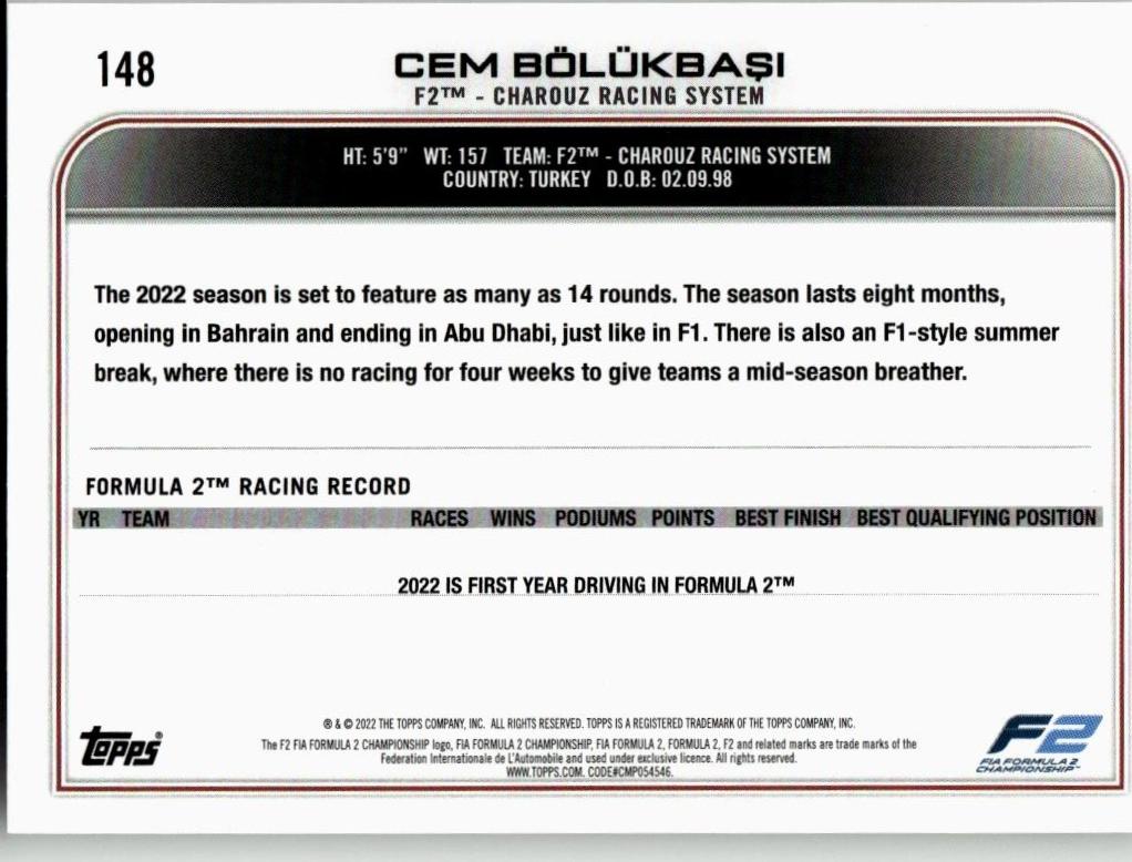 2022 Topps Formula 1 #148 Cem Bölükbaşi - ChronicCards