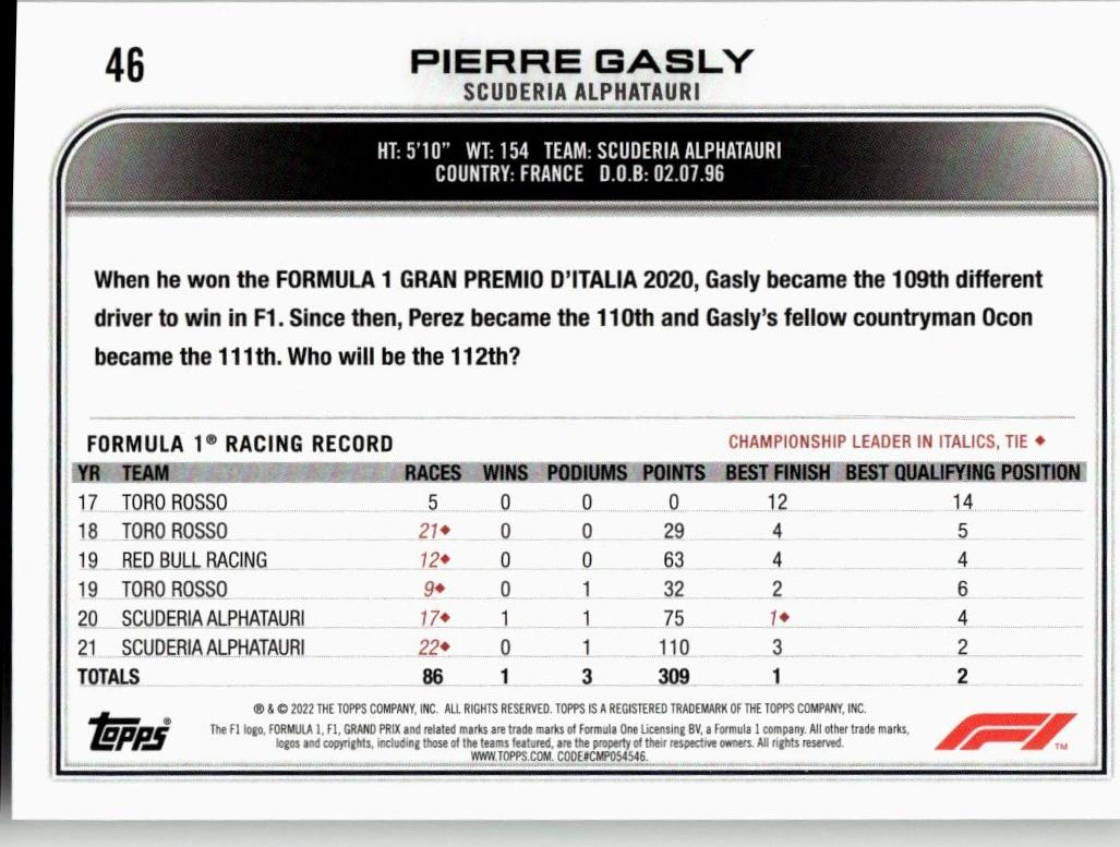 2022 Topps Formula 1 #46 Pierre Gasly - ChronicCards