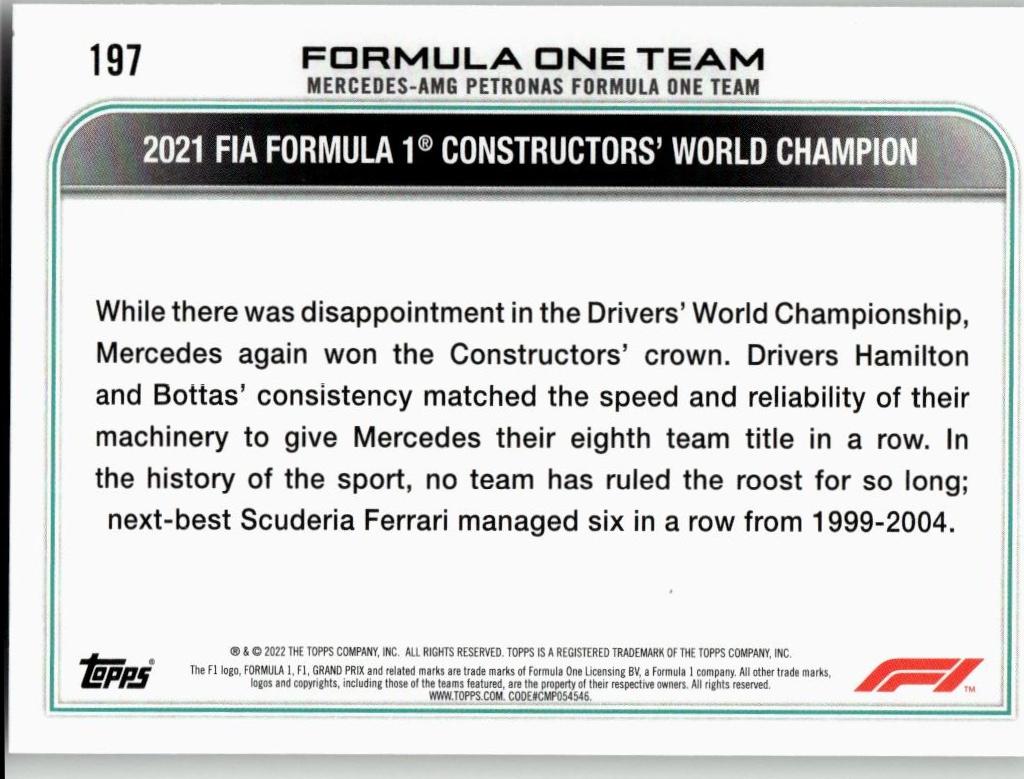 2022 Topps Formula 1 #197 2021 FIA Formula 1 Constructors' World Champion - ChronicCards