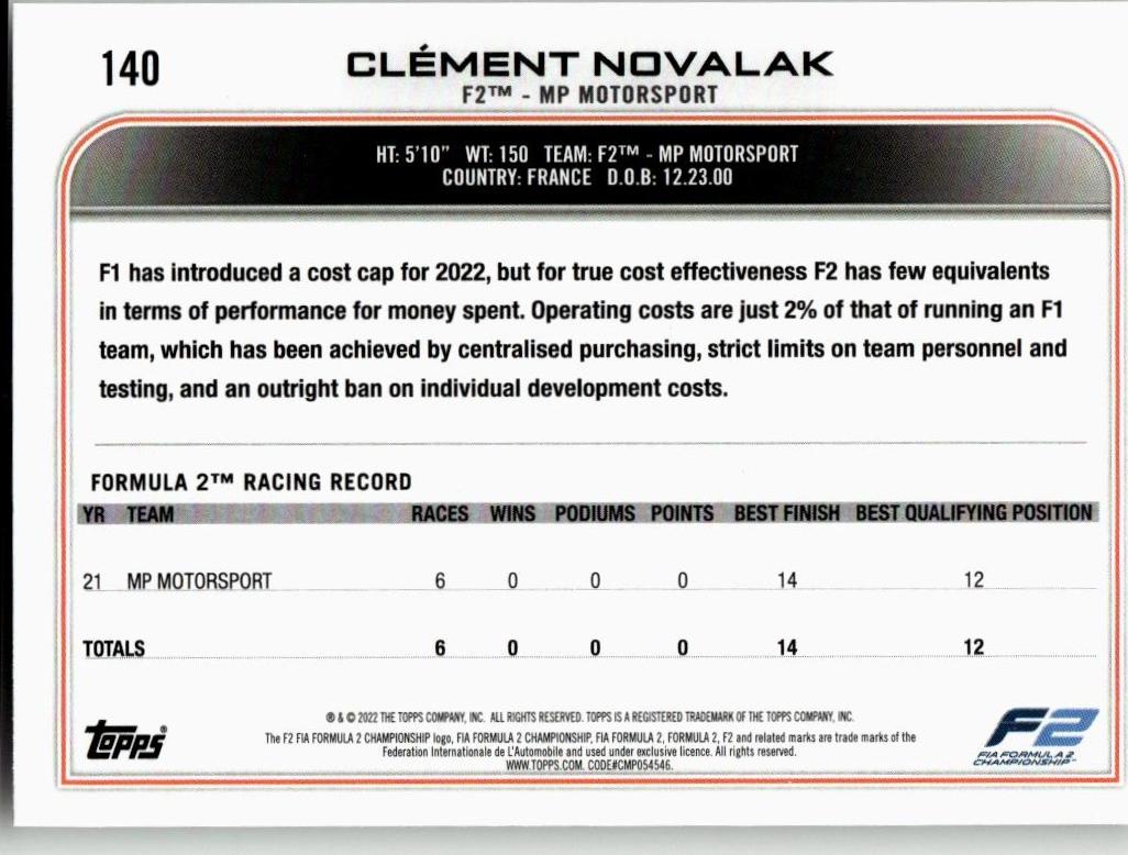 2022 Topps Formula 1 #140 Clément Novalak - ChronicCards