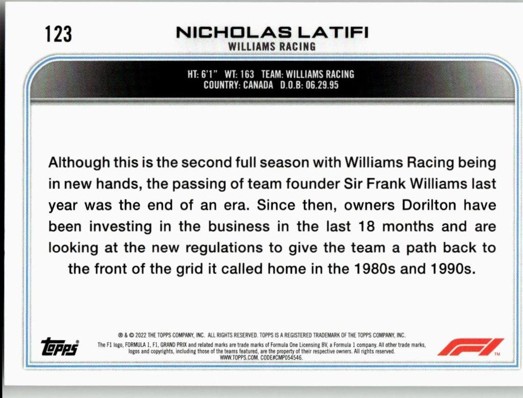 2022 Topps Formula 1 #123 Nicholas Latifi - ChronicCards
