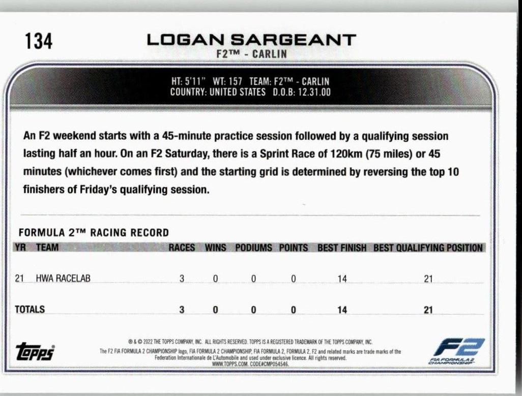 2022 Topps Formula 1 #134 Logan Sargeant - ChronicCards