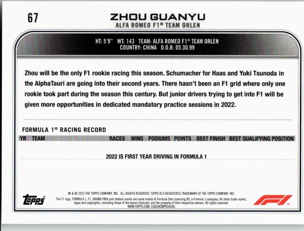 2022 Topps Formula 1 #67 Zhou Guanyu - ChronicCards