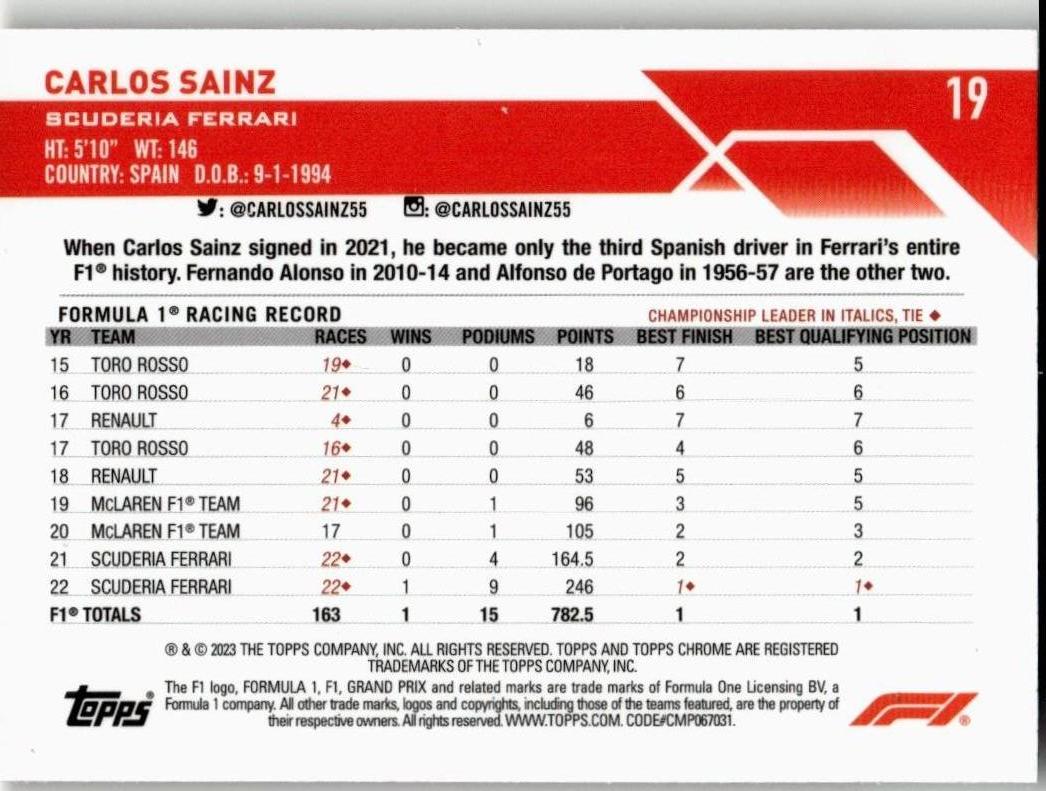 2023 Topps Chrome Formula 1 #19 Carlos Sainz - ChronicCards