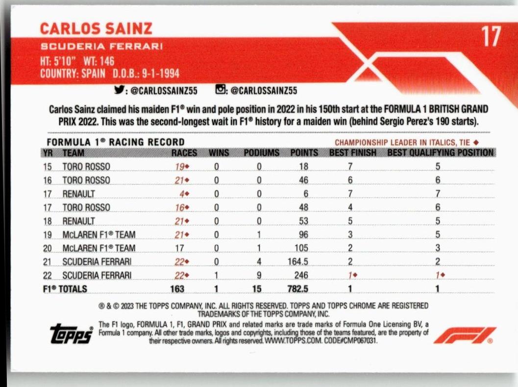 2023 Topps Chrome Formula 1 #17a Carlos Sainz - ChronicCards