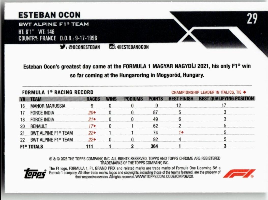 2023 Topps Chrome Formula 1 #29 Esteban Ocon - ChronicCards