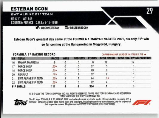 2023 Topps Chrome Formula 1 #29 Esteban Ocon - ChronicCards