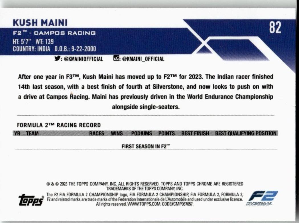 2023 Topps Chrome Formula 1 #82 Kush Maini - ChronicCards