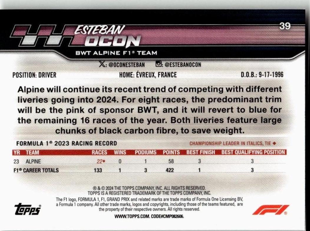2024 Topps Paddock Pass Formula 1 #39 Esteban Ocon - ChronicCards