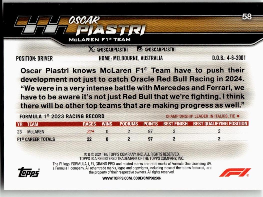 2024 Topps Paddock Pass Formula 1 #58 Oscar Piastri - ChronicCards
