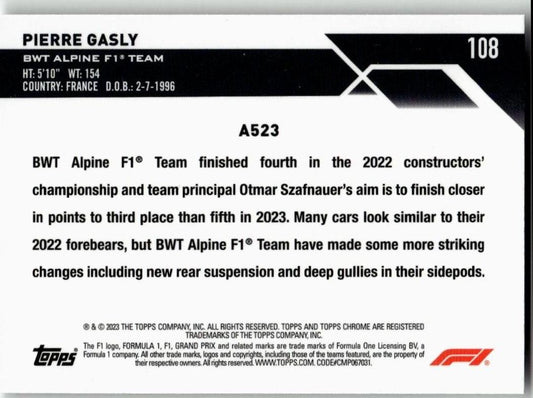 2023 Topps Chrome Formula 1 #108 Pierre Gasly - ChronicCards