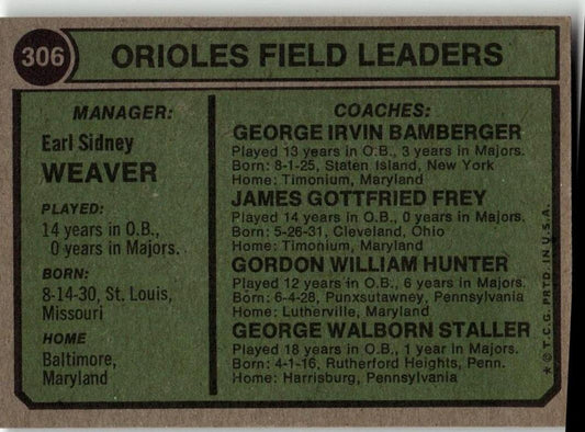 1974 Topps #306 Orioles Field Leaders - ChronicCards