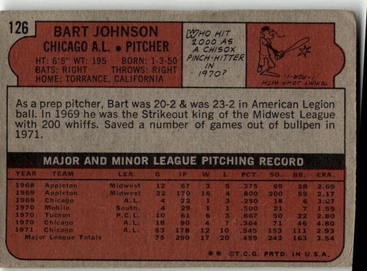 1972 Topps #126 Bart Johnson - ChronicCards
