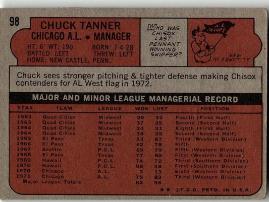 1972 Topps #98 Chuck Tanner - ChronicCards